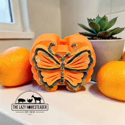 The Lazy Homesteader LL C orange butterfly bath bomb with detailed wings, next to oranges and a succulent.